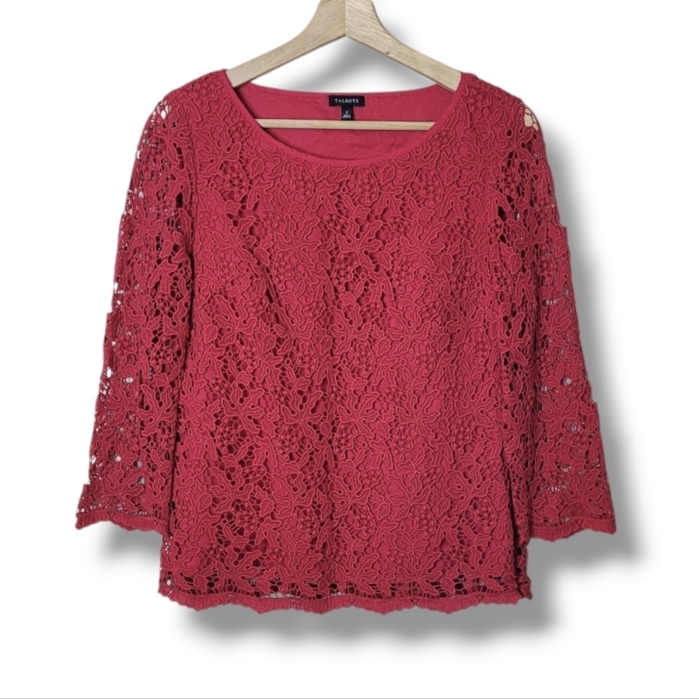 Talbots Red Lace Blouse Sheer Sleeves